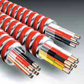 Galvanized Interlocking Steel Armor Color Coded Red fplp plenum fire alarm mc wire cable wires cables wiring cabling Fire alarm wiring or remote control hook-up connecting main fire alarm control panel with pull stations, smoke detectors and alarms remote control circuits from magnetic motor starters, contactors, relays and signals  exposed, concealed, in cable trays, ducts, plenums 